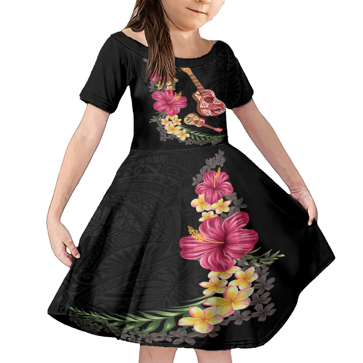 Ukulele mix Polynesian Flower Family Matching Summer Maxi Dress and Hawaiian Shirt Hawaiian Tribal Pattern LT03 Daughter's Dress Black - Polynesian Pride
