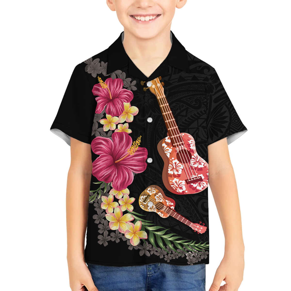 Ukulele mix Polynesian Flower Family Matching Summer Maxi Dress and Hawaiian Shirt Hawaiian Tribal Pattern LT03 Son's Shirt Black - Polynesian Pride