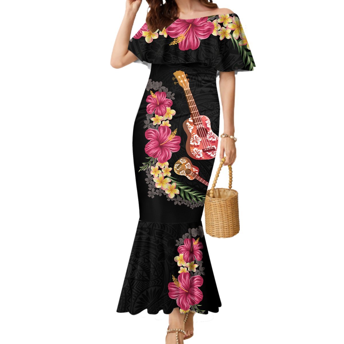 Ukulele mix Polynesian Flower Mermaid Dress Hawaiian Tribal Pattern LT03 Women Black - Polynesian Pride