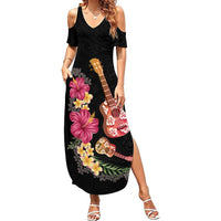 Ukulele mix Polynesian Flower Summer Maxi Dress Hawaiian Tribal Pattern LT03 Women Black - Polynesian Pride