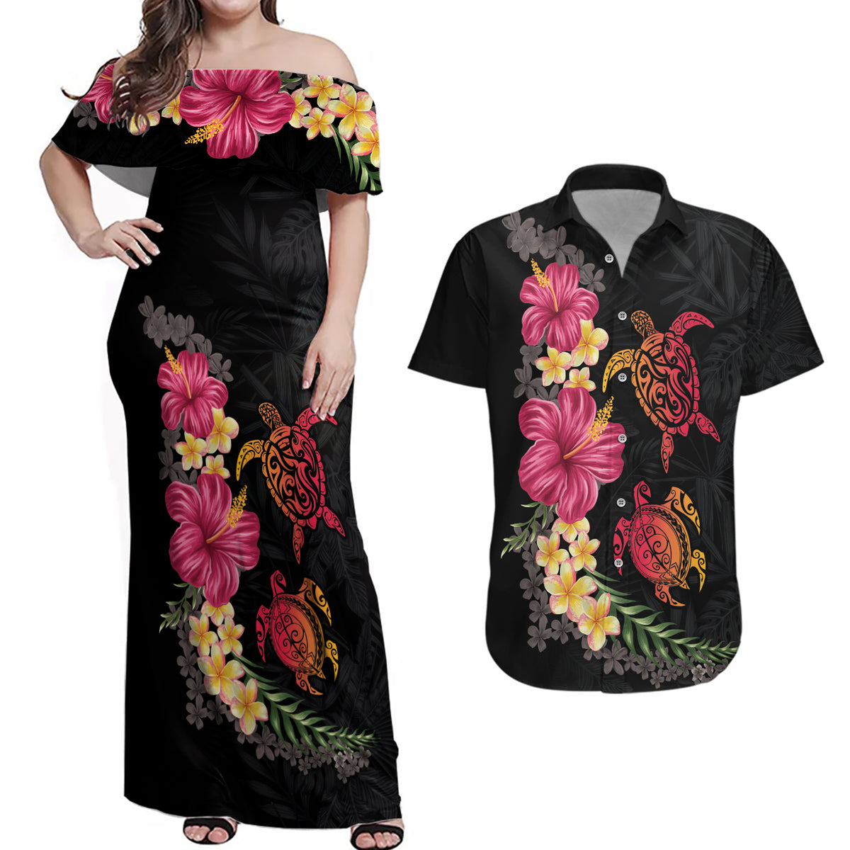 Hawaiian Flower and Tribal Turtle Couples Matching Off Shoulder Maxi Dress and Hawaiian Shirt Colorful Style LT03 Black - Polynesian Pride