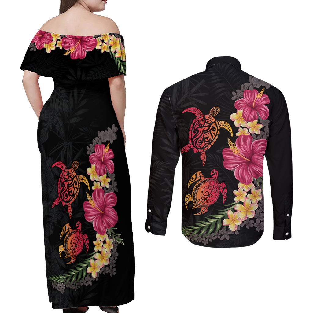 Hawaiian Flower and Tribal Turtle Couples Matching Off Shoulder Maxi Dress and Long Sleeve Button Shirt Colorful Style