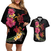 Hawaiian Flower and Tribal Turtle Couples Matching Off Shoulder Short Dress and Hawaiian Shirt Colorful Style
