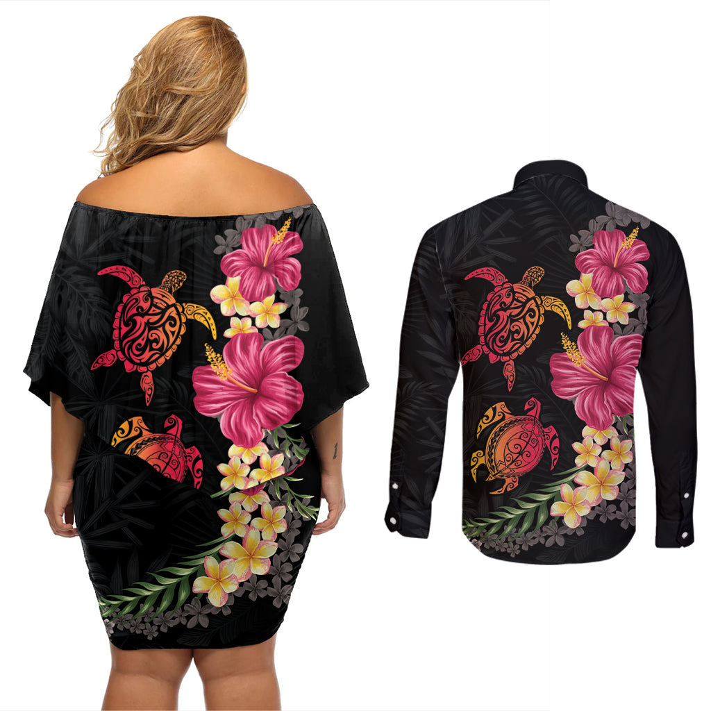 Hawaiian Flower and Tribal Turtle Couples Matching Off Shoulder Short Dress and Long Sleeve Button Shirt Colorful Style