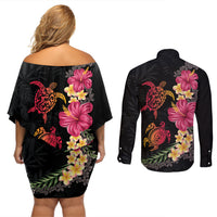 Hawaiian Flower and Tribal Turtle Couples Matching Off Shoulder Short Dress and Long Sleeve Button Shirt Colorful Style