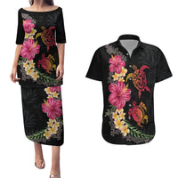 Hawaiian Flower and Tribal Turtle Couples Matching Puletasi and Hawaiian Shirt Colorful Style LT03 Black - Polynesian Pride