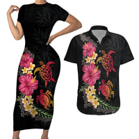 Hawaiian Flower and Tribal Turtle Couples Matching Short Sleeve Bodycon Dress and Hawaiian Shirt Colorful Style LT03 Black - Polynesian Pride