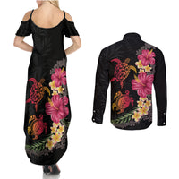 Hawaiian Flower and Tribal Turtle Couples Matching Summer Maxi Dress and Long Sleeve Button Shirt Colorful Style
