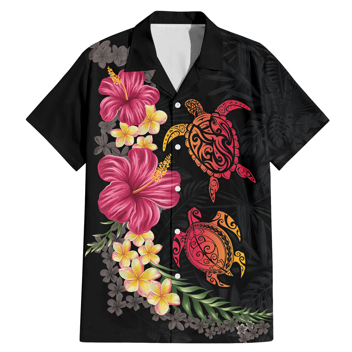 Hawaiian Flower and Tribal Turtle Family Matching Mermaid Dress and Hawaiian Shirt Colorful Style LT03 Dad's Shirt - Short Sleeve Black - Polynesian Pride