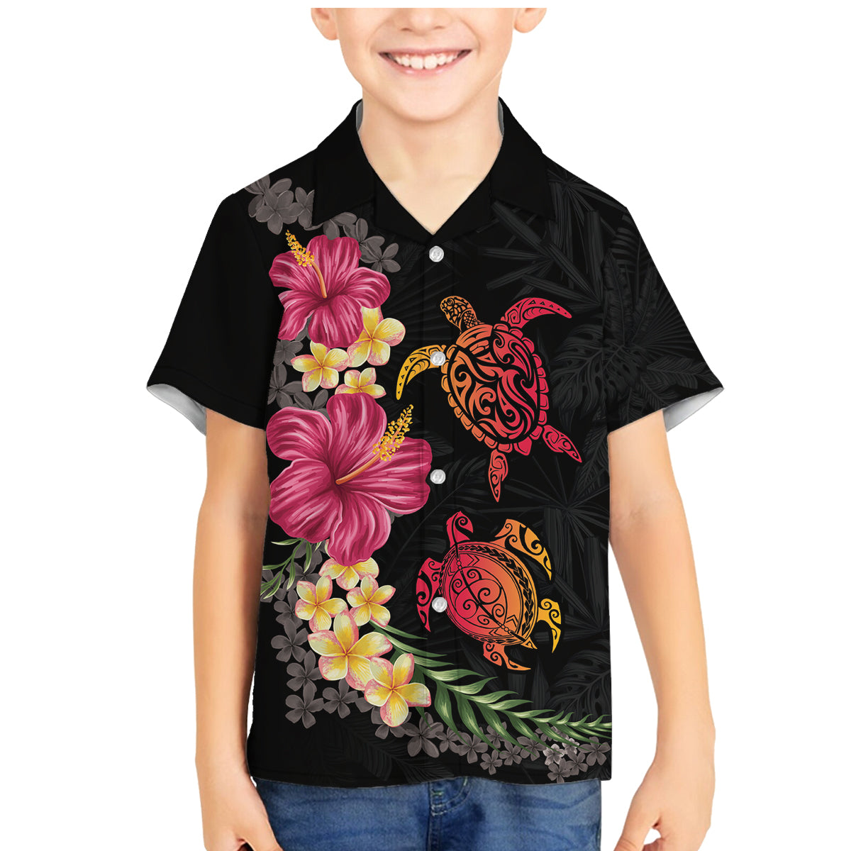 Hawaiian Flower and Tribal Turtle Family Matching Mermaid Dress and Hawaiian Shirt Colorful Style LT03 Son's Shirt Black - Polynesian Pride