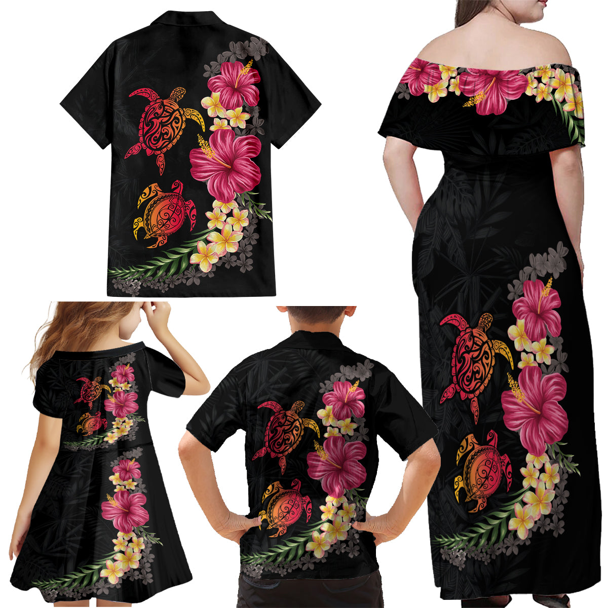 Hawaiian Flower and Tribal Turtle Family Matching Off Shoulder Maxi Dress and Hawaiian Shirt Colorful Style LT03 - Polynesian Pride