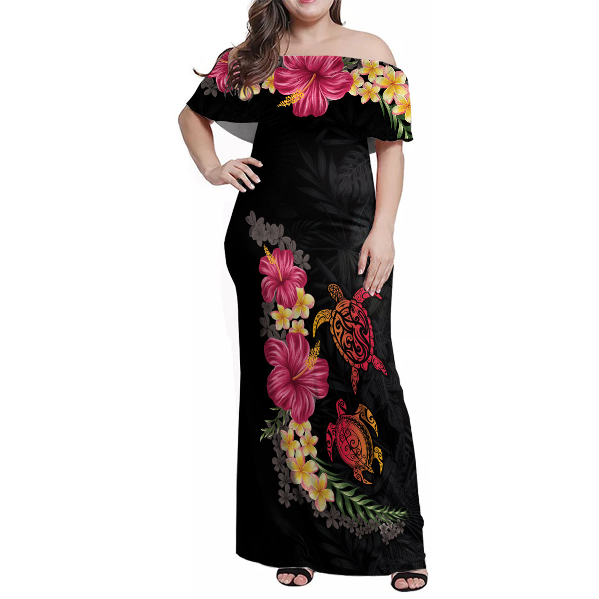 Hawaiian Flower and Tribal Turtle Family Matching Off Shoulder Maxi Dress and Hawaiian Shirt Colorful Style LT03 Mom's Dress Black - Polynesian Pride