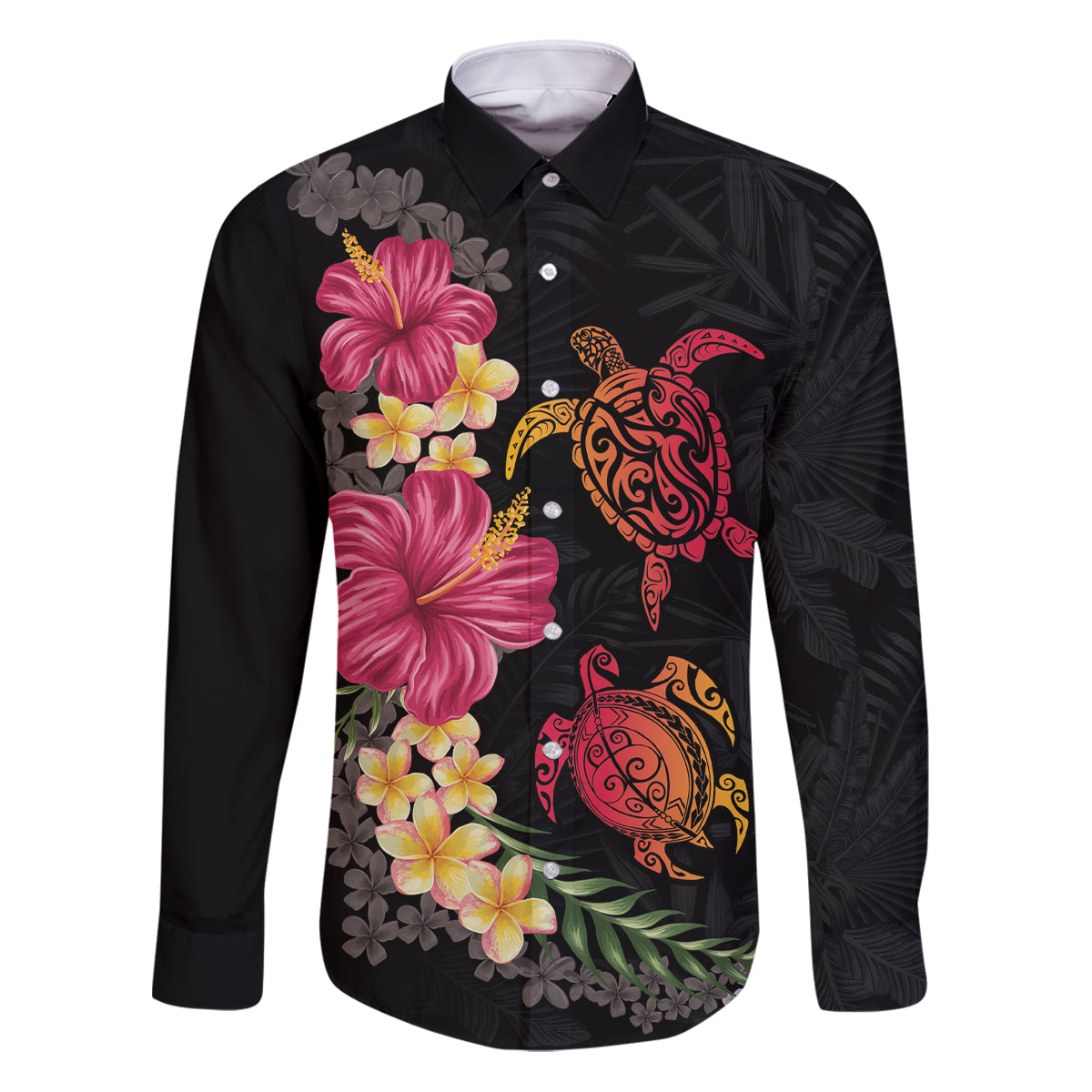 Hawaiian Flower and Tribal Turtle Family Matching Puletasi and Hawaiian Shirt Colorful Style LT03 Dad's Shirt - Long Sleeve Black - Polynesian Pride