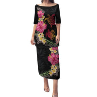 Hawaiian Flower and Tribal Turtle Family Matching Puletasi and Hawaiian Shirt Colorful Style LT03 Mom's Dress Black - Polynesian Pride
