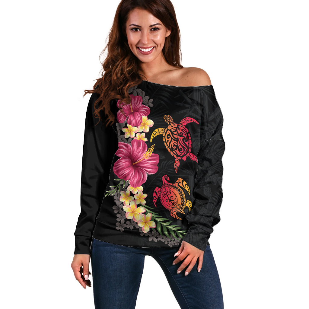 Hawaiian Flower and Tribal Turtle Off Shoulder Sweater Colorful Style LT03 Women Black - Polynesian Pride