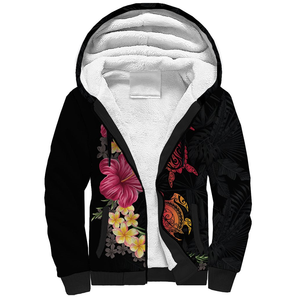 Hawaiian Flower and Tribal Turtle Sherpa Hoodie Colorful Style LT03 Unisex Black - Polynesian Pride