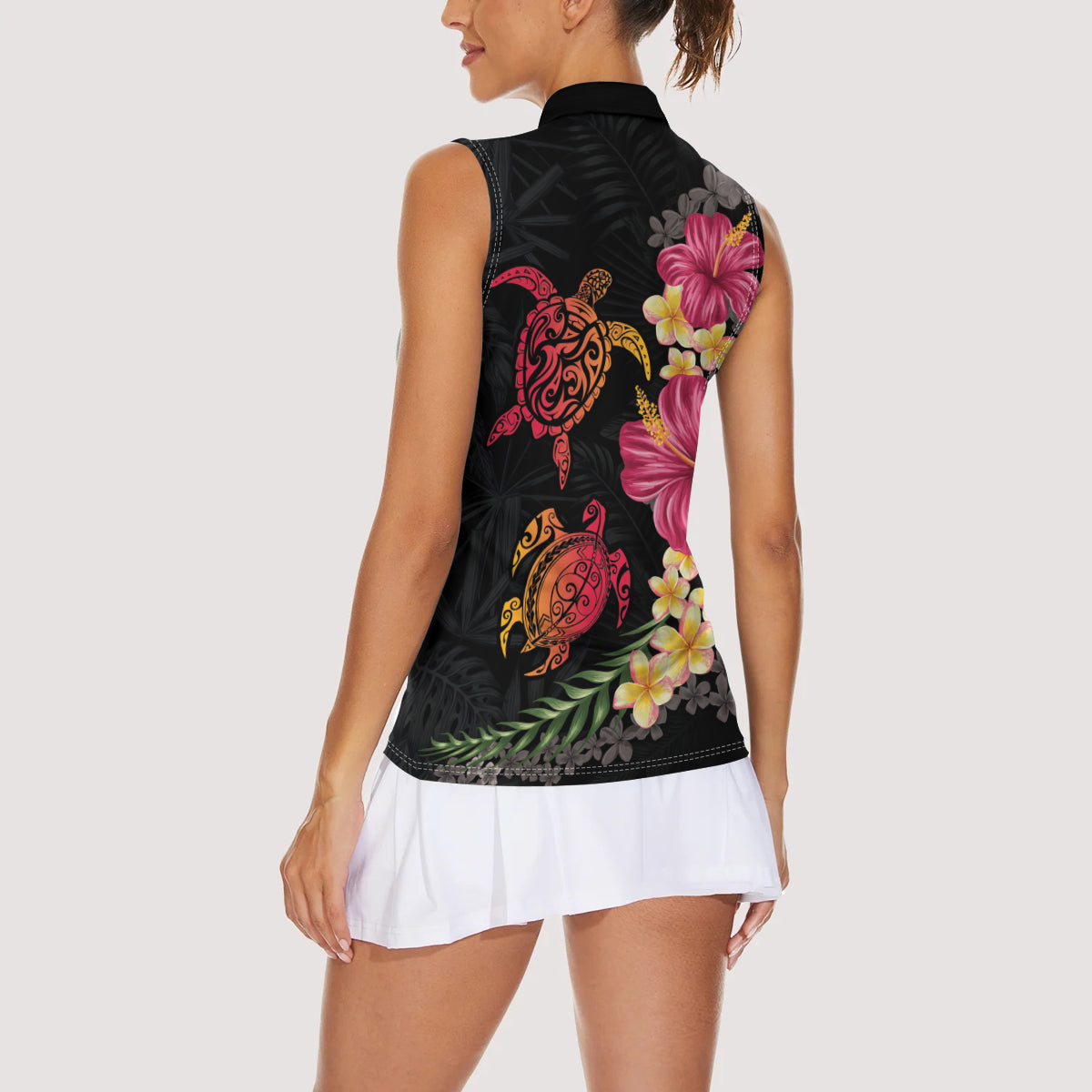 Hawaiian Flower and Tribal Turtle Women Sleeveless Polo Shirt Colorful Style LT03 - Polynesian Pride