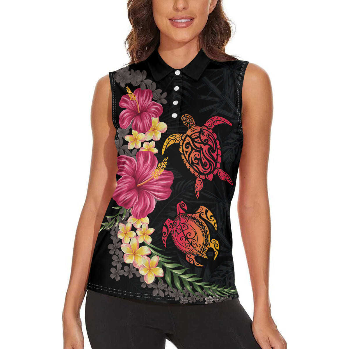 Hawaiian Flower and Tribal Turtle Women Sleeveless Polo Shirt Colorful Style LT03 - Polynesian Pride