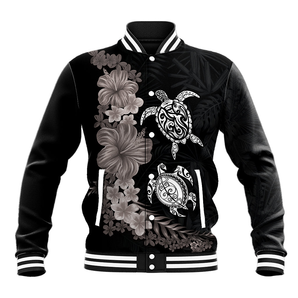 Hawaiian Flower and Tribal Turtle Baseball Jacket Grayscale Mode