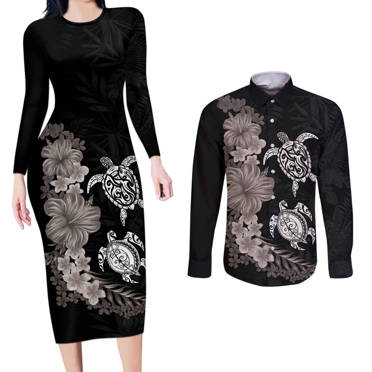 Hawaiian Flower and Tribal Turtle Couples Matching Long Sleeve Bodycon Dress and Long Sleeve Button Shirt Grayscale Mode