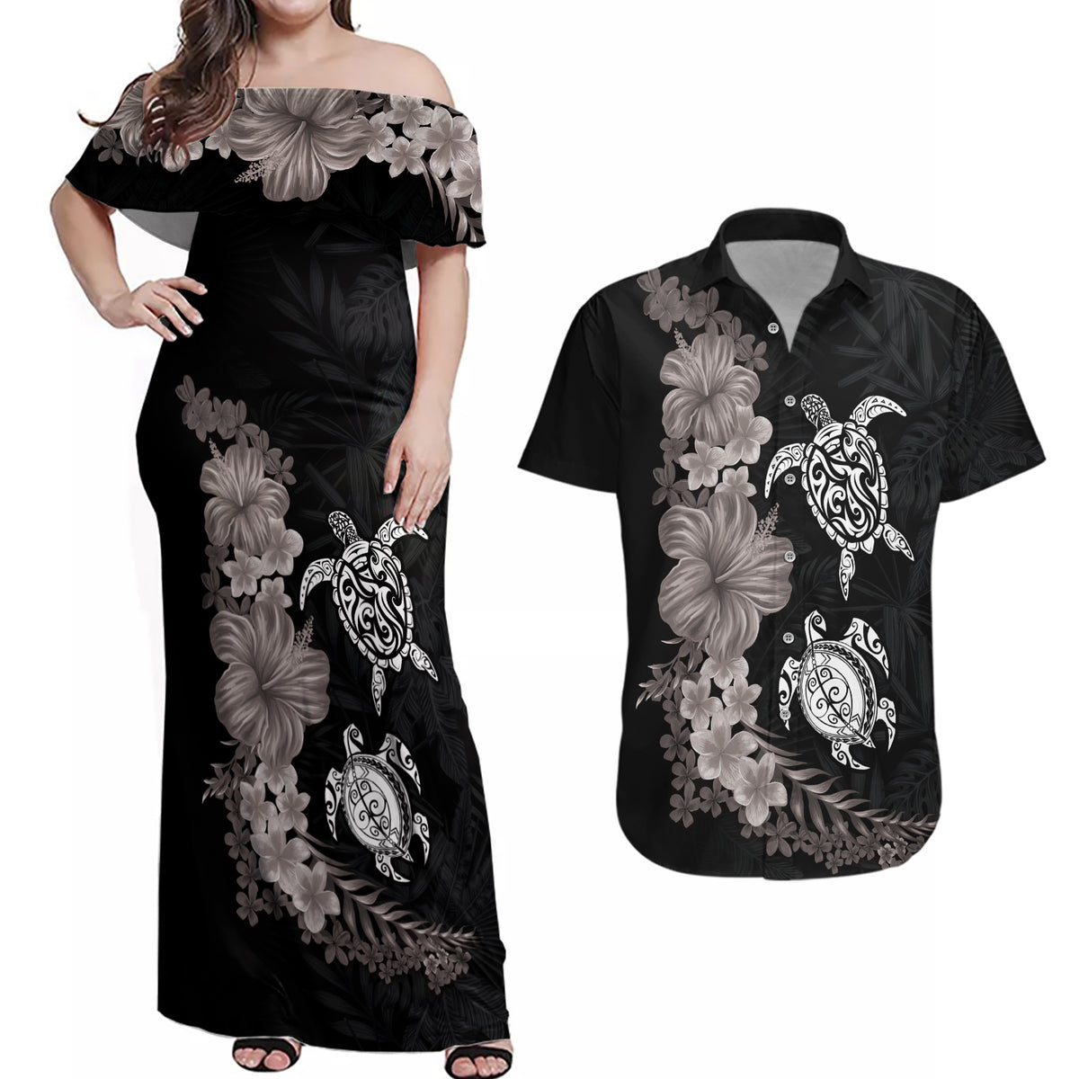 Hawaiian Flower and Tribal Turtle Couples Matching Off Shoulder Maxi Dress and Hawaiian Shirt Grayscale Mode LT03 Black - Polynesian Pride