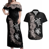 Hawaiian Flower and Tribal Turtle Couples Matching Off Shoulder Maxi Dress and Hawaiian Shirt Grayscale Mode LT03 Black - Polynesian Pride