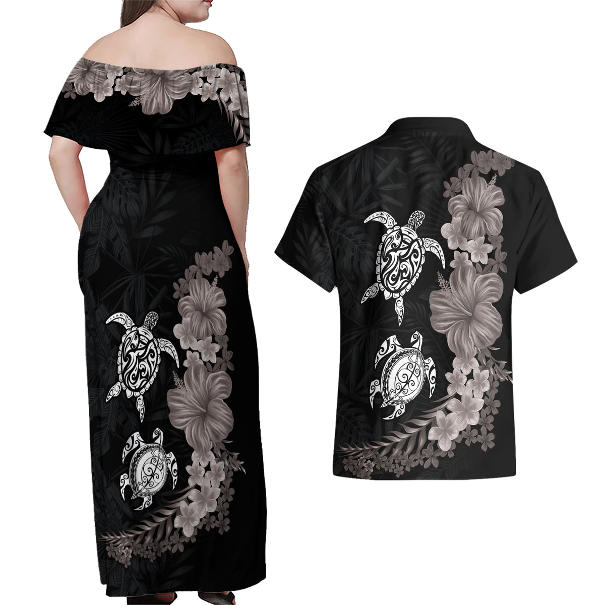 Hawaiian Flower and Tribal Turtle Couples Matching Off Shoulder Maxi Dress and Hawaiian Shirt Grayscale Mode LT03 - Polynesian Pride