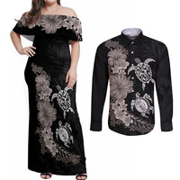 Hawaiian Flower and Tribal Turtle Couples Matching Off Shoulder Maxi Dress and Long Sleeve Button Shirt Grayscale Mode