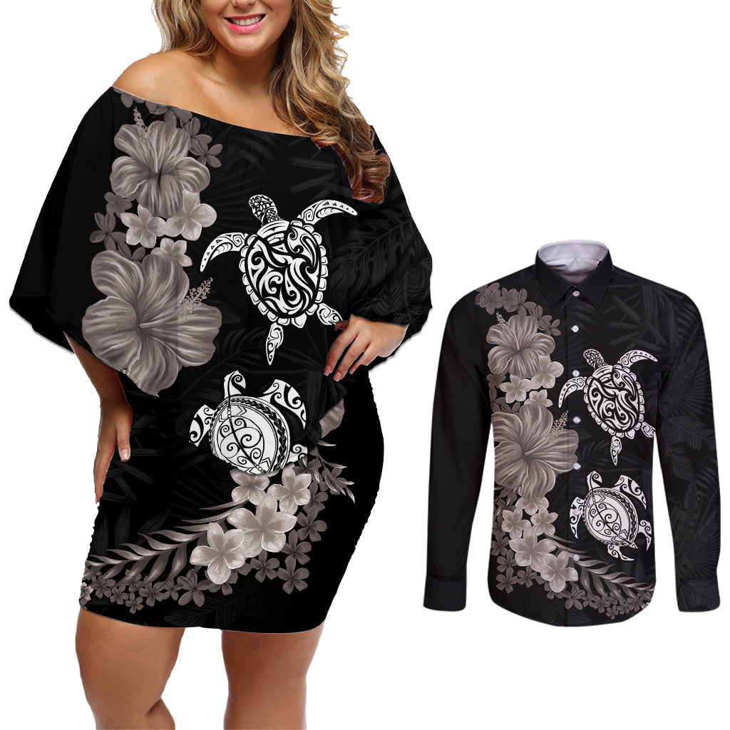 Hawaiian Flower and Tribal Turtle Couples Matching Off Shoulder Short Dress and Long Sleeve Button Shirt Grayscale Mode