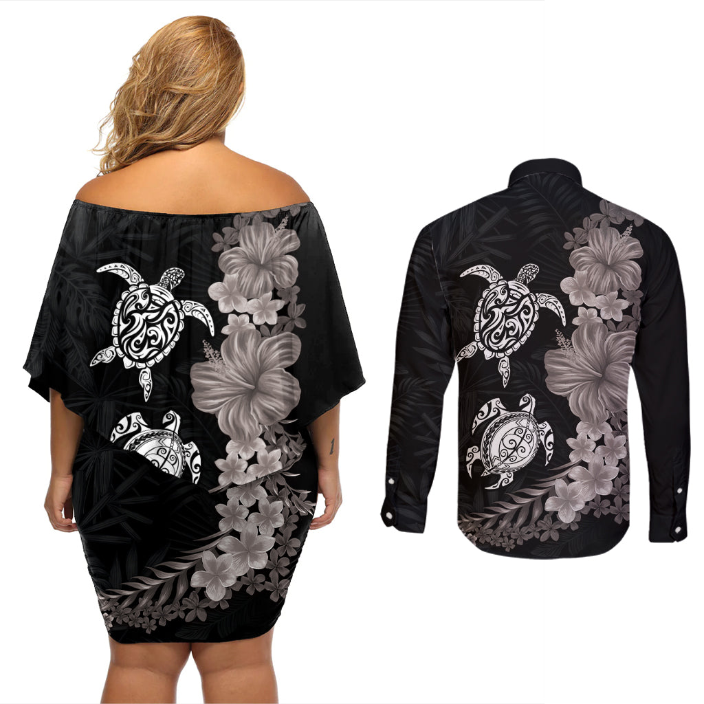 Hawaiian Flower and Tribal Turtle Couples Matching Off Shoulder Short Dress and Long Sleeve Button Shirt Grayscale Mode