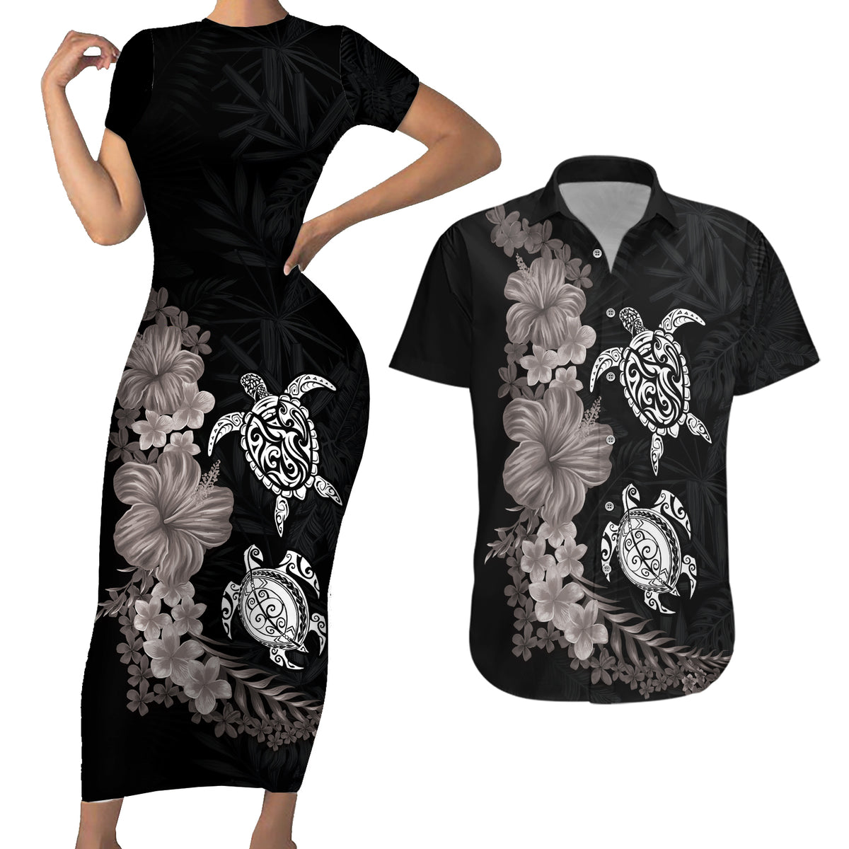 Hawaiian Flower and Tribal Turtle Couples Matching Short Sleeve Bodycon Dress and Hawaiian Shirt Grayscale Mode LT03 Black - Polynesian Pride