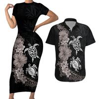 Hawaiian Flower and Tribal Turtle Couples Matching Short Sleeve Bodycon Dress and Hawaiian Shirt Grayscale Mode LT03 Black - Polynesian Pride