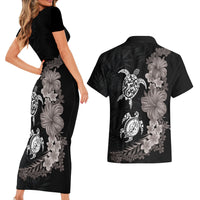 Hawaiian Flower and Tribal Turtle Couples Matching Short Sleeve Bodycon Dress and Hawaiian Shirt Grayscale Mode LT03 - Polynesian Pride