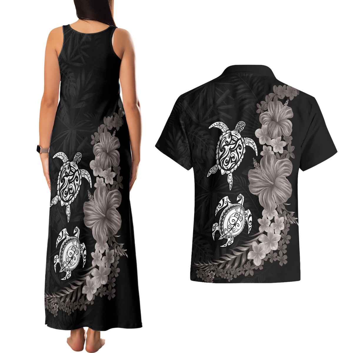 Hawaiian Flower and Tribal Turtle Couples Matching Tank Maxi Dress and Hawaiian Shirt Grayscale Mode