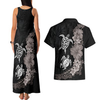 Hawaiian Flower and Tribal Turtle Couples Matching Tank Maxi Dress and Hawaiian Shirt Grayscale Mode