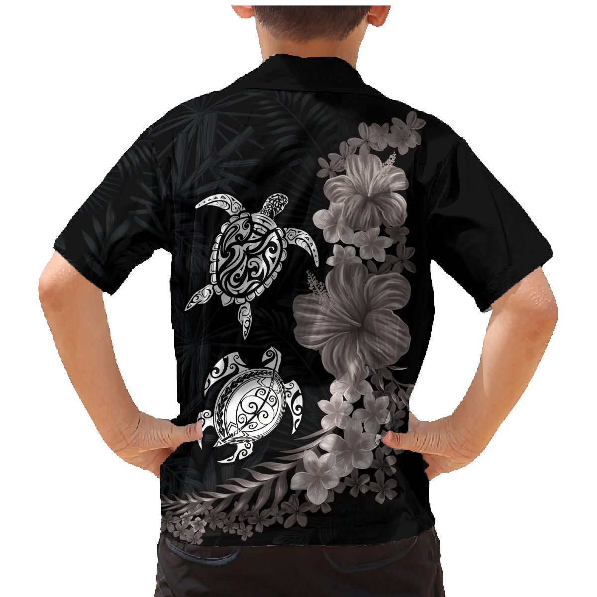 Hawaiian Flower and Tribal Turtle Family Matching Mermaid Dress and Hawaiian Shirt Grayscale Mode LT03 - Polynesian Pride