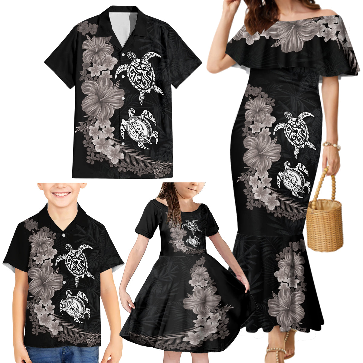 Hawaiian Flower and Tribal Turtle Family Matching Mermaid Dress and Hawaiian Shirt Grayscale Mode LT03 - Polynesian Pride