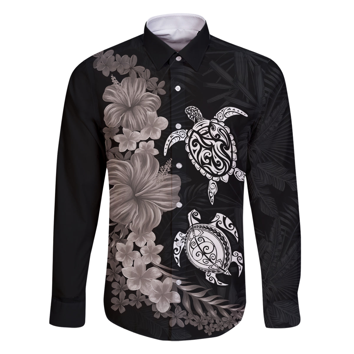 Hawaiian Flower and Tribal Turtle Family Matching Mermaid Dress and Hawaiian Shirt Grayscale Mode LT03 Dad's Shirt - Long Sleeve Black - Polynesian Pride