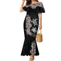 Hawaiian Flower and Tribal Turtle Family Matching Mermaid Dress and Hawaiian Shirt Grayscale Mode LT03 Mom's Dress Black - Polynesian Pride