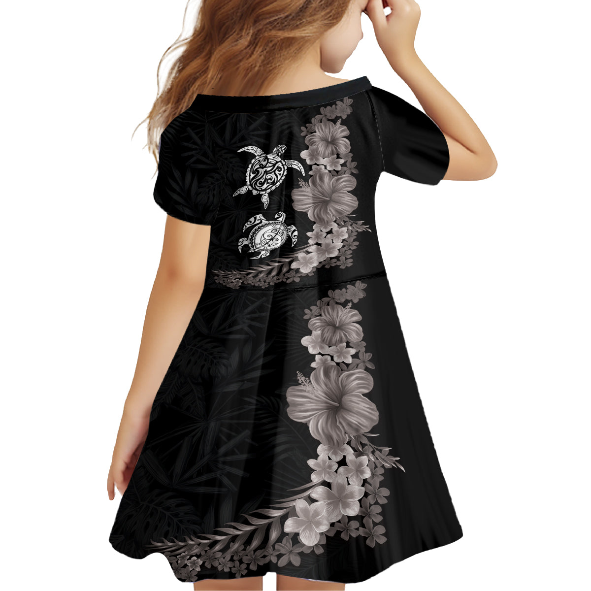 Hawaiian Flower and Tribal Turtle Family Matching Off Shoulder Maxi Dress and Hawaiian Shirt Grayscale Mode LT03 - Polynesian Pride