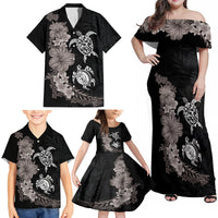 Hawaiian Flower and Tribal Turtle Family Matching Off Shoulder Maxi Dress and Hawaiian Shirt Grayscale Mode LT03 - Polynesian Pride