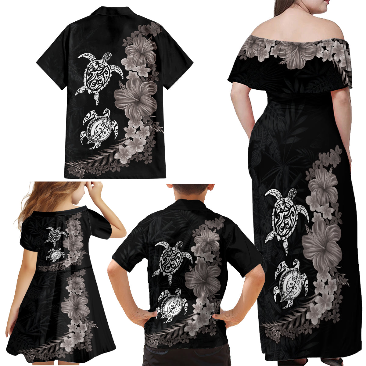 Hawaiian Flower and Tribal Turtle Family Matching Off Shoulder Maxi Dress and Hawaiian Shirt Grayscale Mode LT03 - Polynesian Pride
