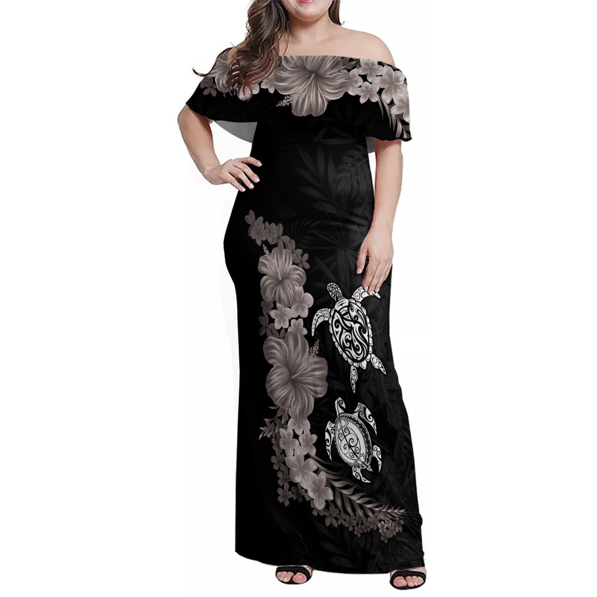 Hawaiian Flower and Tribal Turtle Family Matching Off Shoulder Maxi Dress and Hawaiian Shirt Grayscale Mode LT03 Mom's Dress Black - Polynesian Pride