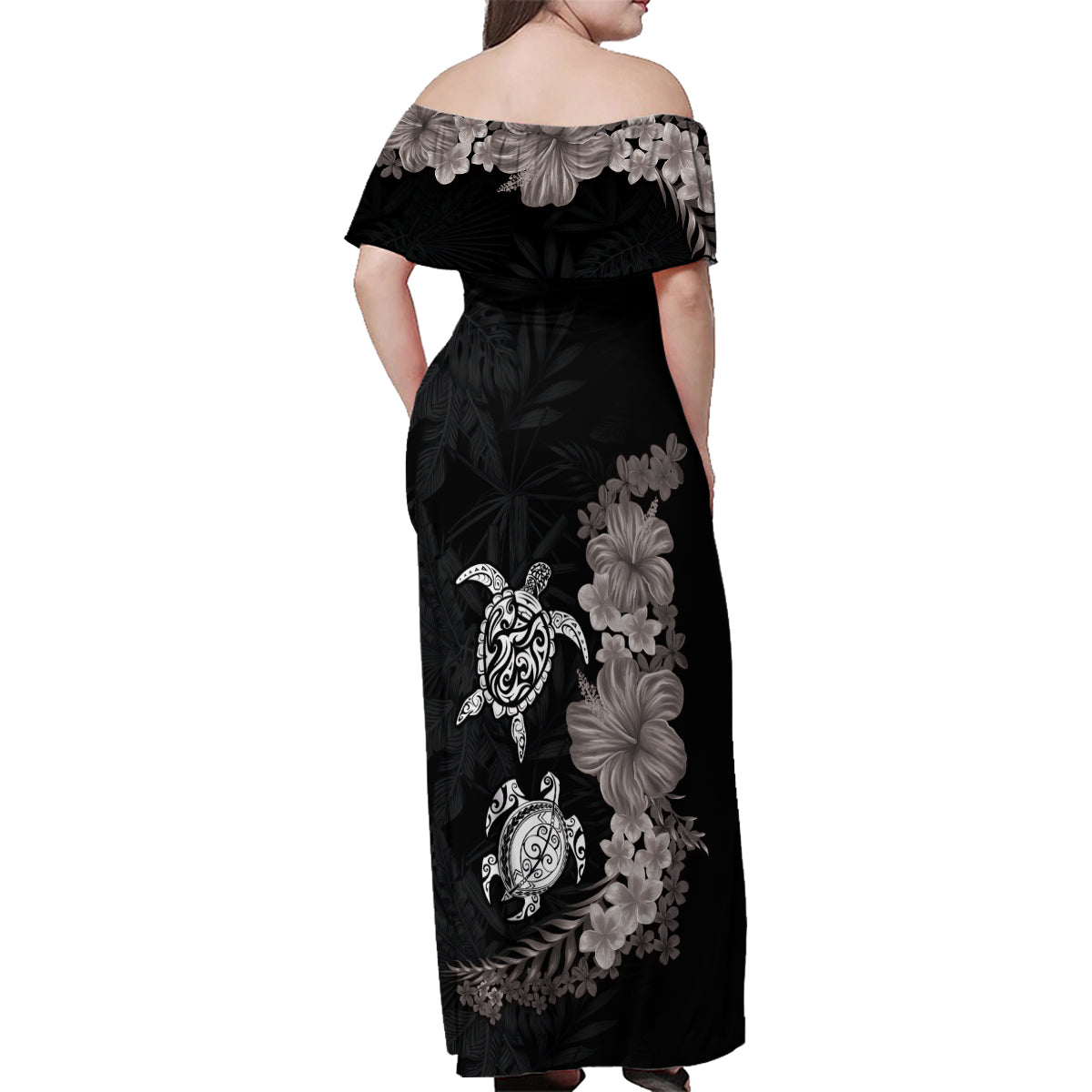 Hawaiian Flower and Tribal Turtle Family Matching Off Shoulder Maxi Dress and Hawaiian Shirt Grayscale Mode LT03 - Polynesian Pride