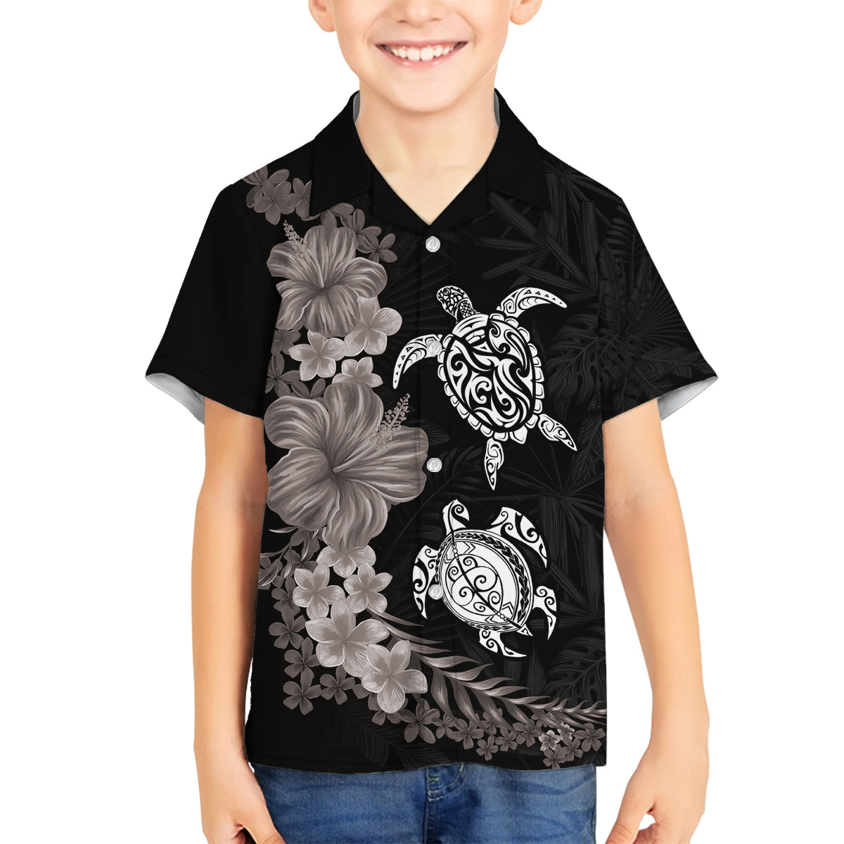 Hawaiian Flower and Tribal Turtle Family Matching Off Shoulder Maxi Dress and Hawaiian Shirt Grayscale Mode LT03 Son's Shirt Black - Polynesian Pride