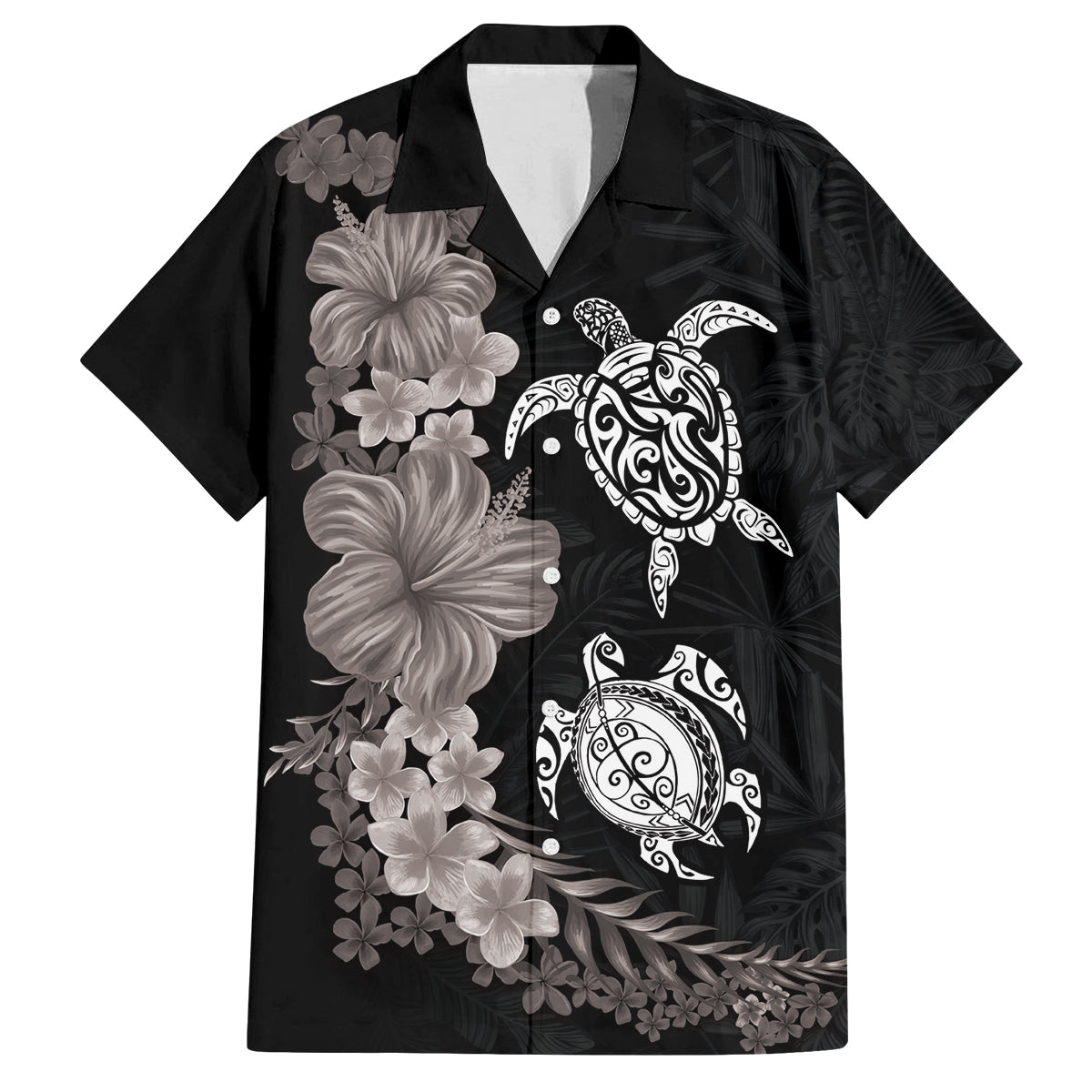 Hawaiian Flower and Tribal Turtle Family Matching Off Shoulder Short Dress and Hawaiian Shirt Grayscale Mode