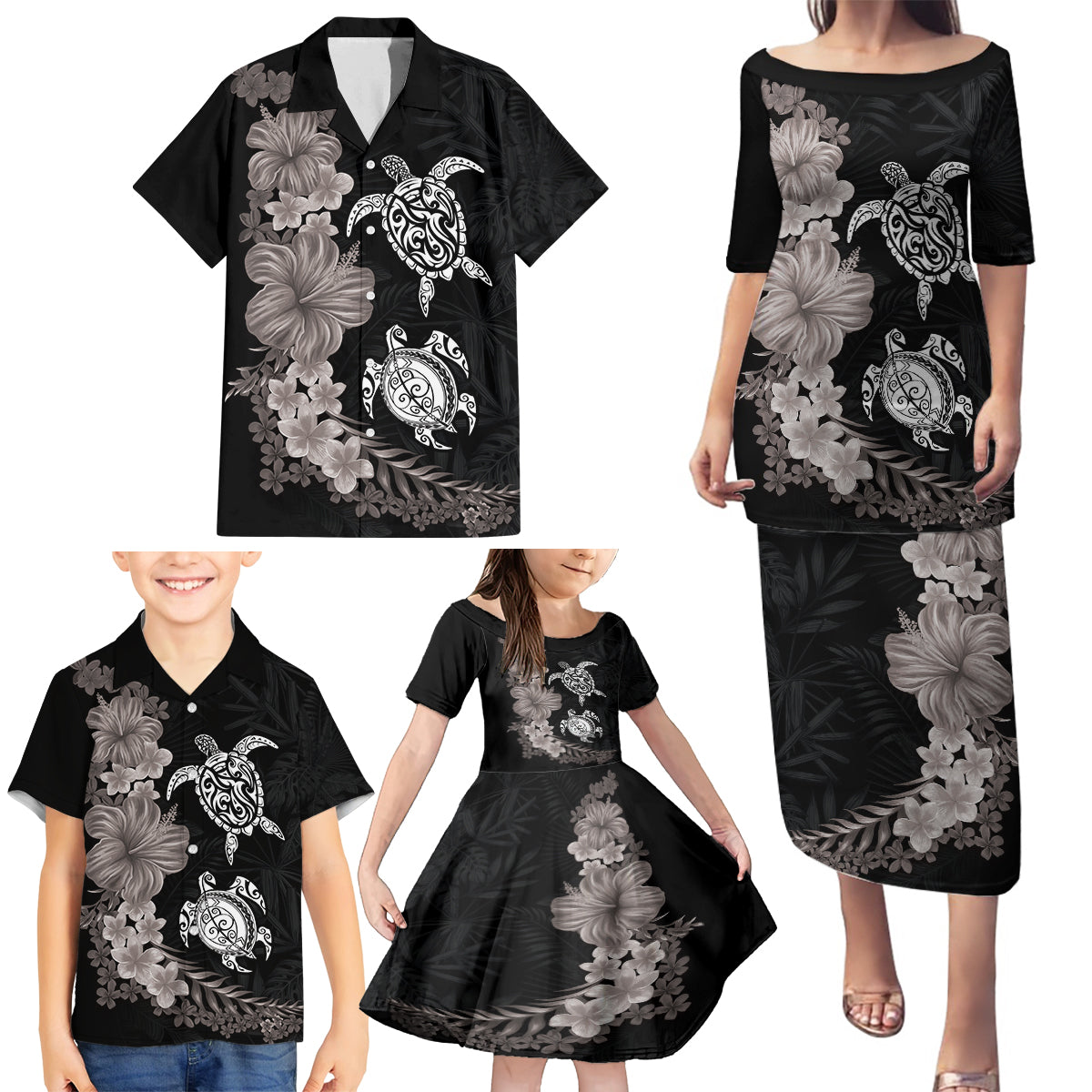 Hawaiian Flower and Tribal Turtle Family Matching Puletasi and Hawaiian Shirt Grayscale Mode LT03 - Polynesian Pride