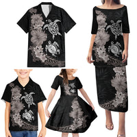 Hawaiian Flower and Tribal Turtle Family Matching Puletasi and Hawaiian Shirt Grayscale Mode LT03 - Polynesian Pride