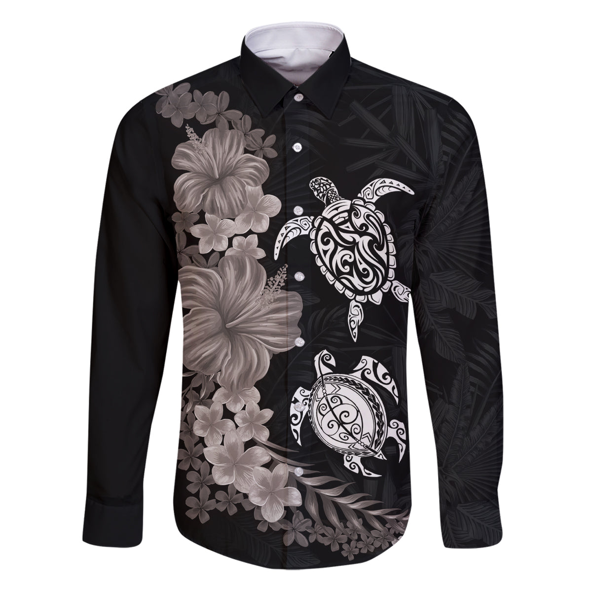 Hawaiian Flower and Tribal Turtle Family Matching Puletasi and Hawaiian Shirt Grayscale Mode LT03 Dad's Shirt - Long Sleeve Black - Polynesian Pride
