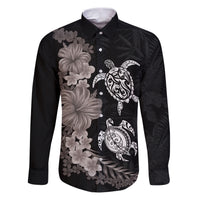 Hawaiian Flower and Tribal Turtle Family Matching Puletasi and Hawaiian Shirt Grayscale Mode LT03 Dad's Shirt - Long Sleeve Black - Polynesian Pride
